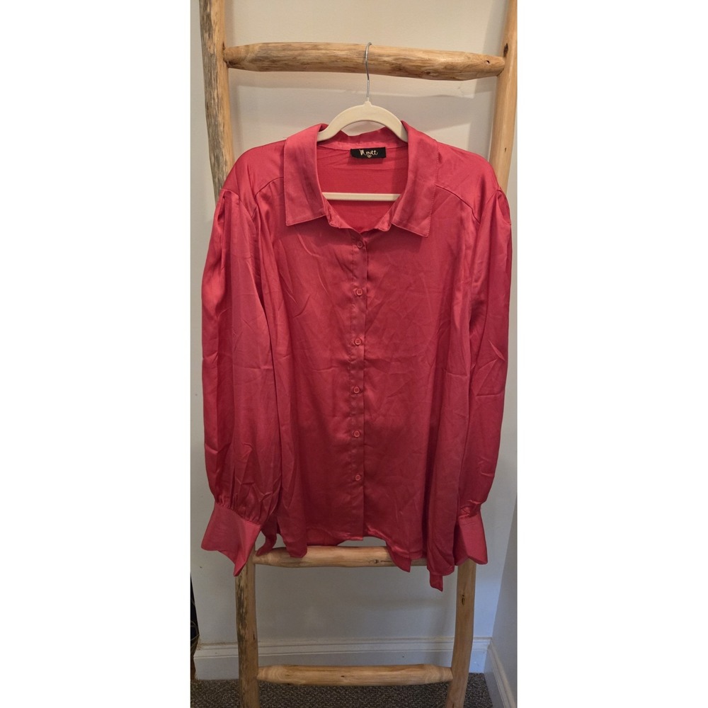 Meritt Women's 3X Hot Pink Satin Button Up Balloon Sleeve Shirt‎